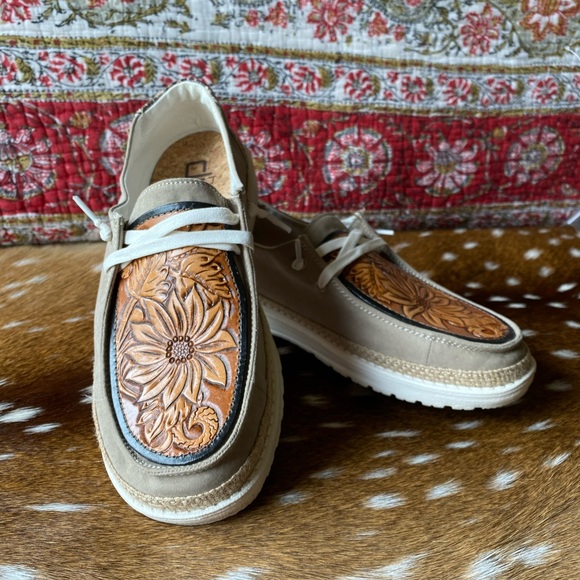 Hey Dude Shoes - Custom Hey Dudes with hand tooled leather